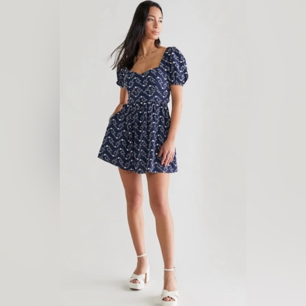 Embroidered Navy Blue Floral Dress